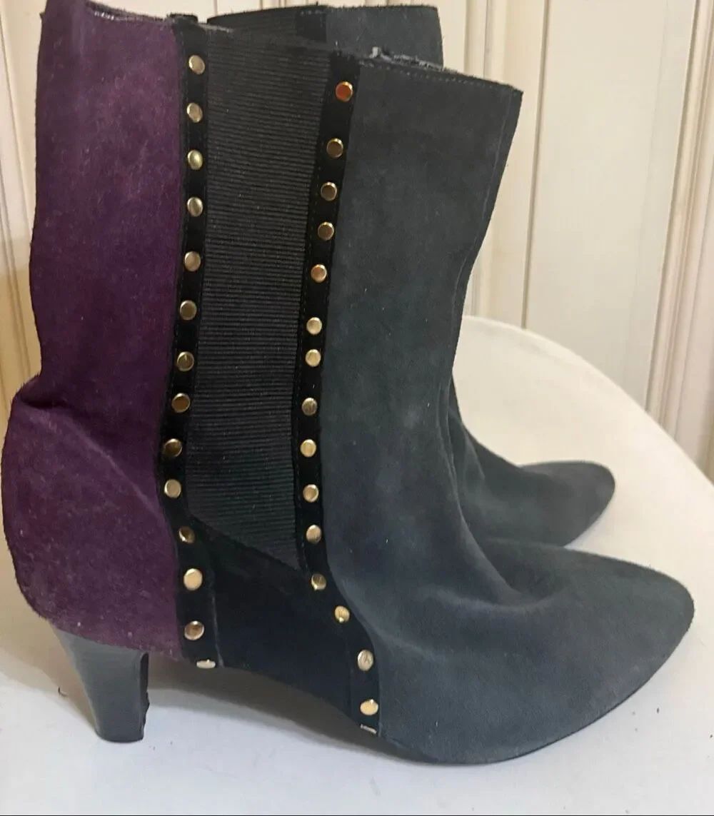 Women’s Studded Suede Leather High Heel Boots Black Purple Size 10W